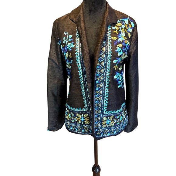 Handcrafted Black Sheer - 100% Silk Open-Front Jacket S Floral Embroidery Dressy - Picture 1 of 8